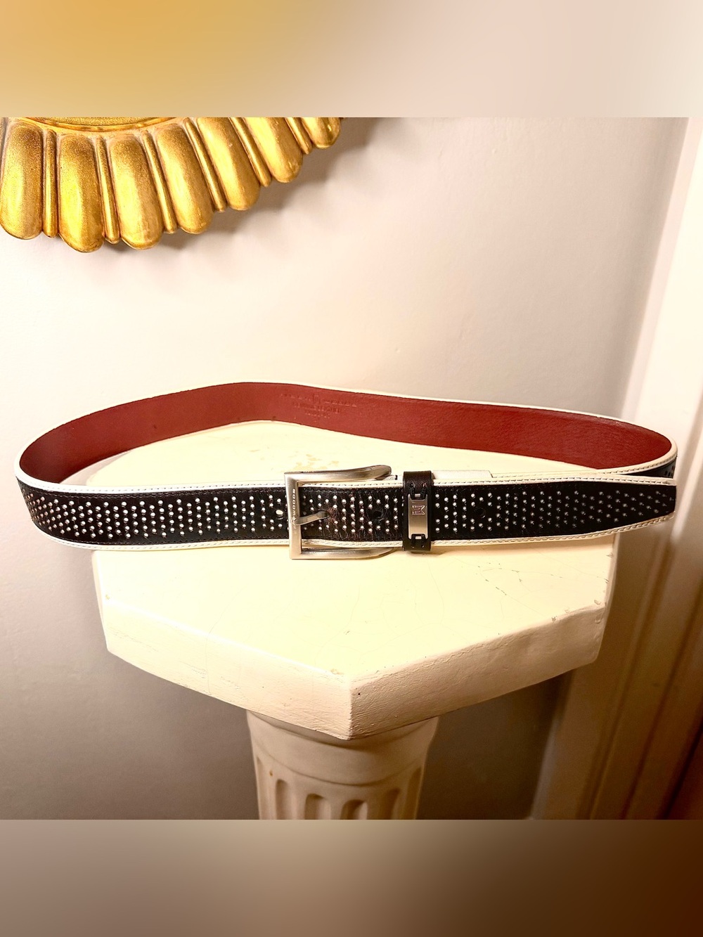 Tiger Woods Black & White Leather Belt with Red Lining, Sz. 34